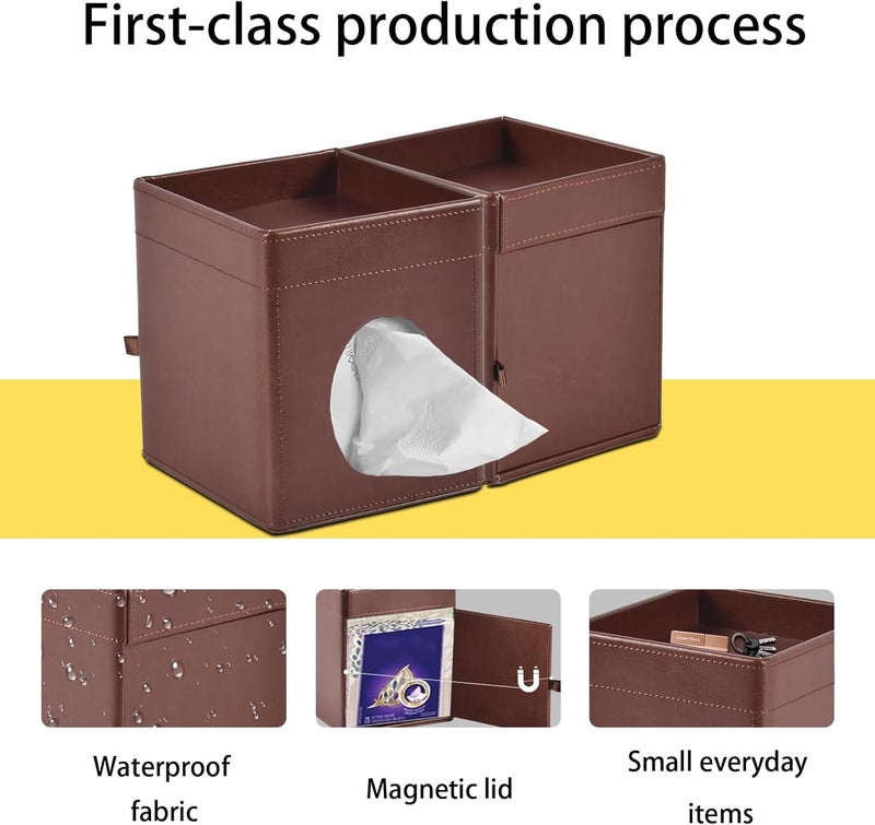 XNONE Tissue Box Cover Square Tissue Box Holder PU Leather Facial Tissues Organizer with Storage Tray for Bathroom Vanity Bedroom Office Car,Stylish Napkin Caddy Decorative Organizer (Brown) - Image 5
